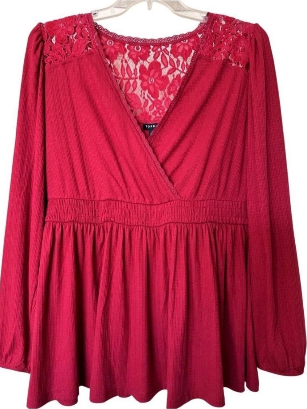 torrid Red Lace Yoke Wrap-Style Peplum Tunic long sleeves women 3X